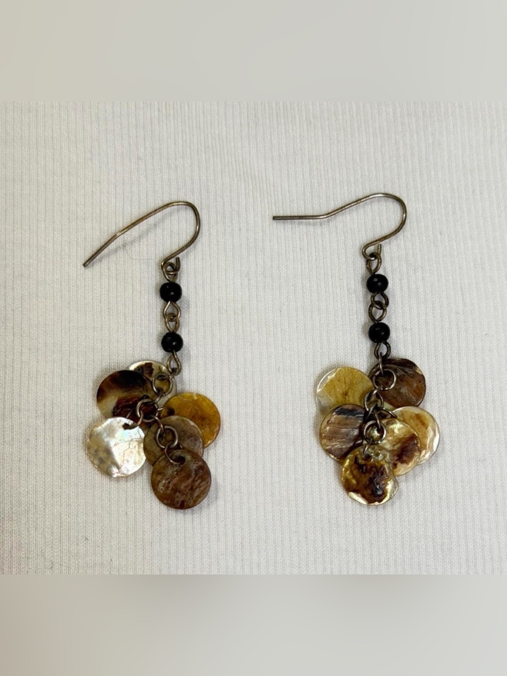 Dangle Shell Disc Earrings in Brown and Cream with Black Bead Accents